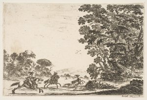 Tablica 4: polowanie na jelenie, dwóch jeźdźców galopujących w lewo za trzema psami i jeleniem..., 1642. autorstwa Stefano della Bella