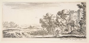Tablica 4: dwaj pielgrzymi obserwujący ruiny po prawej stronie, jeden skierowany w prawo, owczarek..., ca. 1641. autorstwa Stefano della Bella