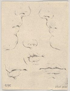 Tablica 4: dwa profile i trzy usta, z Księgi do nauki rysowania Livre po..., ca. 1649. autorstwa Stefano della Bella