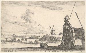 Ilustracja 5: Pikinierz stojący tuż przy kanonie, inne figury wojskowe w ba..., ok. godz. 1641. autorstwa Stefano della Bella