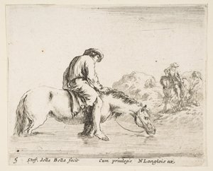 Ilustracja 5: chłop boso na koniu przeprawiający się przez rzekę, drugi chłop na koniu..., ok. godz. 1644-47. autorstwa Stefano della Bella