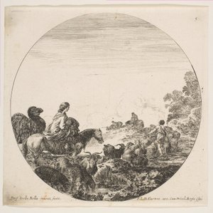 Ilustracja 5: po lewej kobieta niosąca na koniu dziecko, za nią wielbłąd, stado..., ok. godz. 1646. autorstwa Stefano della Bella