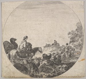 Ilustracja 5: kobieta niosąca dziecko na koniu w lewo, za nią wielbłąd, stado..., ok. godz. 1643-48. autorstwa Stefano della Bella