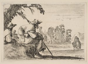 Tablica 5: dwaj pielgrzymi w kapeluszach odpoczywają po lewej stronie, widziani z tyłu, jeździec jedzie w kierunku..., 1642. autorstwa Stefano della Bella