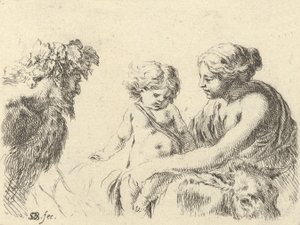 Ilustracja 6: kobieta po prawej trzymająca dziecko siedzące na osiołku, satyr w l..., ca. 1646. autorstwa Stefano della Bella