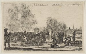 Płyta 6: bateria armat strzelających na miasto, z Różnych Kaprysów Wojskowych Varii..., ca. 1641. autorstwa Stefano della Bella