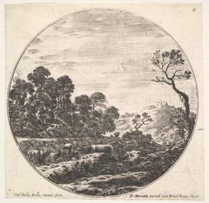 Ilustracja 6: krowy przechodzące dolinę po lewej, grupa drzew po lewej, jeździec i..., ca. 1643-48. autorstwa Stefano della Bella