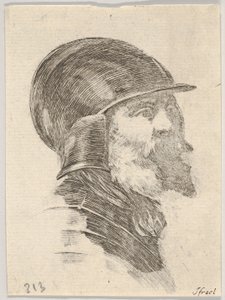 Ilustracja 6: głowa starego brodatego żołnierza w hełmie w prawo, z książki Różne głowy..., s. 1650. autorstwa Stefano della Bella