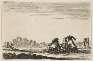 Ilustracja 7: Dwóch szlachciców siedzących pośrodku, widzianych z tyłu, rozmawiających ze szlachcianką morze..., 1642. autorstwa Stefano della Bella