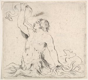 Płyta 7: tryton w wodzie, zwrócony w lewo, trzymający węgorza w prawej ręce i t..., ca. 1646. autorstwa Stefano della Bella