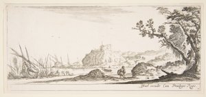Ilustracja 7: różne łodzie na brzegu po lewej stronie, mężczyzna niosący torbę, widziany z tyłu i w..., ok. godz. 1641. autorstwa Stefano della Bella