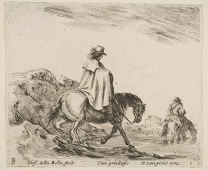 Ilustracja 8: jeździec schodzi z brzegu rzeki, drugi jeździec w rzece w prawo, od..., ok. godz. 1644-47. autorstwa Stefano della Bella