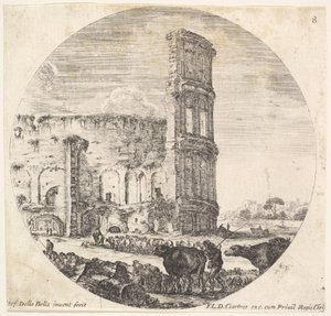 Tablica 8: Koloseum, dwa stada skierowane w stronę amfiteatru w fo..., ok. godz. 1643-48. autorstwa Stefano della Bella