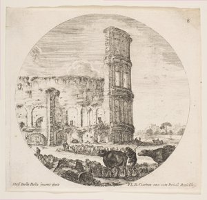 Tablica 8: Koloseum, dwa stada skierowane w stronę amfiteatru na przedpolu..., ok. godz. 1646. autorstwa Stefano della Bella