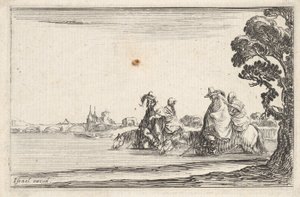 Tablica 8: po prawej dwóch jeźdźców w kapeluszach, każdy z siedzącą za nimi kobietą, jadący w..., ca. 1642. autorstwa Stefano della Bella