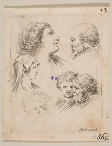 Ilustracja 9: pięć głów, dwie młode kobiety po lewej, brodaty mężczyzna po prawej, młoda kobieta, ca. 1649. autorstwa Stefano della Bella