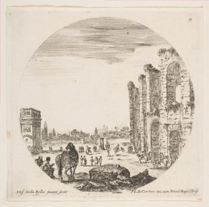 Tablica 9: Łuk Konstantyna po lewej, część Koloseum po prawej, różne konie..., ca. 1646. autorstwa Stefano della Bella