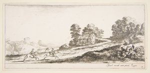 Tablica 9: dwaj jeźdźcy po lewej galopujący pod górę w prawo, koń i siedzący m..., ca. 1641. autorstwa Stefano della Bella