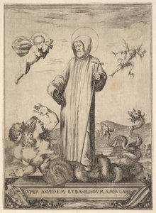 Święty Jean Gualbert depczący potwora o dwóch ludzkich głowach i wężowym ciele, mucha..., 1640. autorstwa Stefano della Bella