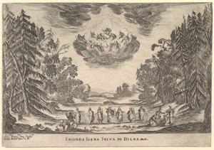 Scena druga, w lesie Diany, z Wesela bogów Le nozze degli Dei, 1637. autorstwa Stefano della Bella