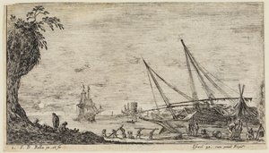 Pejzaże morskie (Paysages maritimes): port morski z marynarzami i robotnikami przenoszącymi kłody drewna autorstwa Stefano della Bella