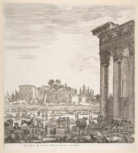 Kolumny świątyni Antonina po prawej, część Campo Vaccino pośrodku i..., 1656. autorstwa Stefano della Bella