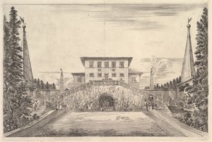 Pośrodku willa otoczona czterema obeliskami, po obu stronach schody, posąg w ..., ok. godz. 1653. autorstwa Stefano della Bella