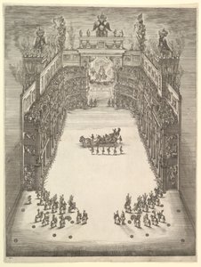 Teatr w Modenie, widziany z góry i wypełniony widzami, z wozem triumfalnym w cen..., 1652 r. autorstwa Stefano della Bella