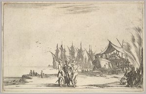 Trzech mężczyzn w kapeluszach stojących pośrodku, mężczyźni naprawiający statek po prawej, pięć statków i różne..., 1639. autorstwa Stefano della Bella