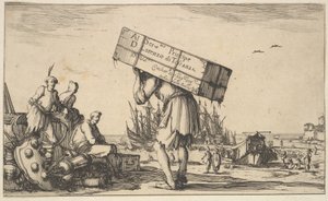 Strona tytułowa: pośrodku mężczyzna niosący walizkę na plecach, trzej mężczyźni patrzący w jego stronę w dniu ..., 1639. autorstwa Stefano della Bella