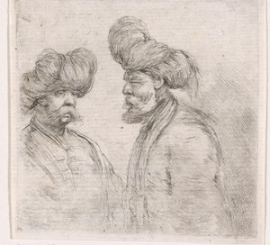 Dwaj tureccy mężczyźni z wąsami i turbanami autorstwa Stefano della Bella