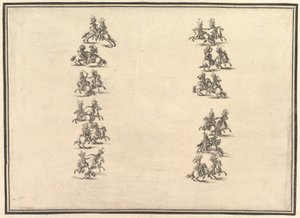 Dwudziestu czterech jeźdźców pojedynkujących się i tworzących dwie kolumny, z La Gara delle Stagioni, 1652. autorstwa Stefano della Bella