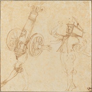 Dwóch mężczyzn w strojach maskarady: wystrzał z armaty i kot w pułapce na myszy, 1645. autorstwa Stefano della Bella