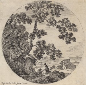 Dwóch podróżników przechodzących obok starego dębu, 1656. autorstwa Stefano della Bella