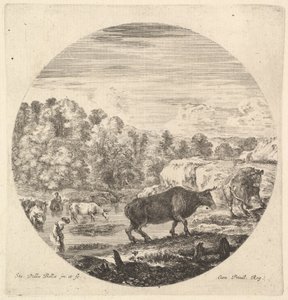 Dwie krowy w centrum, a za nimi dwie wieśniaczki i inne krowy w rzece do le…, ca. 1643-48. autorstwa Stefano della Bella