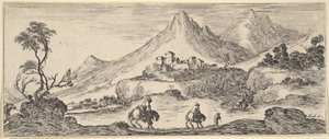 Dwóch jeźdźców schodzi ze wzgórza pośrodku, idąc za innym mężczyzną na piechotę, zamek w ..., ca. 1641. autorstwa Stefano della Bella