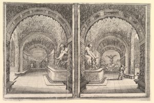 Dwa widoki groty, oba widoki z fontanną z siedzącym posągiem, widziane z ..., ca. 1653. autorstwa Stefano della Bella