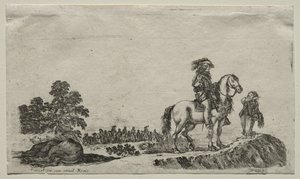 Różne postacie i krajobrazy: zagubiony jeździec badający drogę, 1649. autorstwa Stefano della Bella