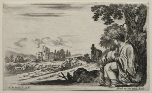 Różne postacie i krajobrazy: biedna pielęgniarka siedząca pod drzewem, 1649. autorstwa Stefano della Bella