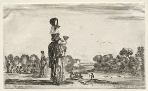 Różne postacie i krajobrazy: kobiety obserwujące kąpiących się wzdłuż rzeki, 1649. autorstwa Stefano della Bella