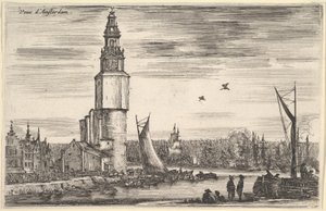 Widok na Amsterdam Vu Amsterdam, wieża i domy po lewej, mężczyźni stojący na molo..., 1647. autorstwa Stefano della Bella