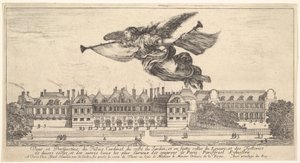 Widok na Palais Cardinal, postać Sławy na górze pośrodku lecąca w lewo a..., 1649-51. autorstwa Stefano della Bella