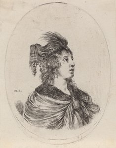 Kobieta w pierzastym turbanie, zwrócona w prawo, 16491650. autorstwa Stefano della Bella