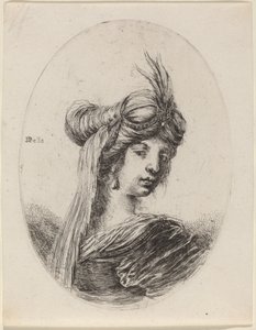 Kobieta w pierzastym turbanie z welonem, zwrócona w prawo, 16491650. autorstwa Stefano della Bella