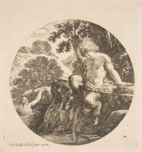 Młody satyr Zamierza kąpać się w rzece, z „Krajobrazy i porty morskie” Paysages et ports d..., 1656. autorstwa Stefano della Bella