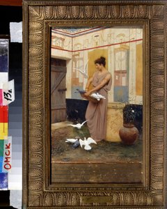 Femme et colombes (Kobieta z gołębiami). Malarstwo Stepana (Stefana) Władysławowicza Bakalowicza (1857-1947). Huile sur bois. Regionalne Muzeum Sztuki M. Vrubela, Omsk
