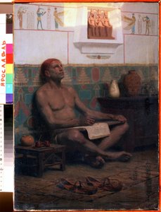 Królewski skryba Rahotep (XVII dynastia starożytnego Egiptu) (Królewski skryba Rahotep). Malarstwo Stepana Władysławowicza Bakalowicza (1857-1947). Olej na płótnie, 48 x 33 cm