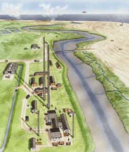 Orford Ness, Suffolk, ok. 1935-1945 (tusz, aerograf, akwarela) autorstwa Stephen Conlin