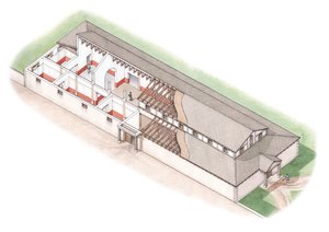The North Range, Brading Roman Villa, Isle of Wight (rysunek z 2012 r.), ok. 200-250 (tusz i akwarela) autorstwa Stephen Conlin