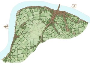South Bank, Londyn, między Vauxhall i Bermondsey około 1600 r., 2021 r. (tusz i akwarela, technika cyfrowa) autorstwa Stephen Conlin